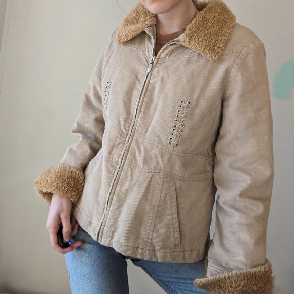 Vintage y2k Corduroy Faux Fur Trim Jacket with Lace-Up Detail - Picture 3 of 5